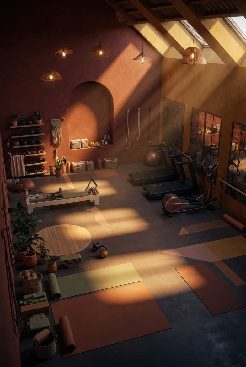 A warm, light-filled women-focused gym space with strength and cardio equipment